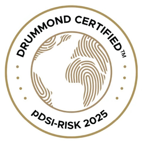 Official Drummond Certified seal for pDSI-RISK 2025 featuring globe and fingerprint design