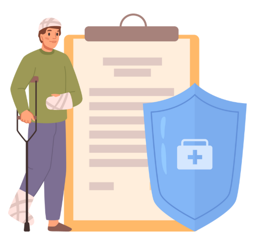 Injured worker with bandages and crutches standing beside a medical compliance clipboard and health insurance shield icon.