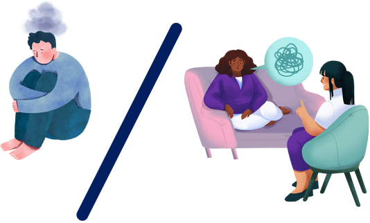 Illustration of a distressed person on one side and a calm counseling session on the other, representing mental health support and transformation.