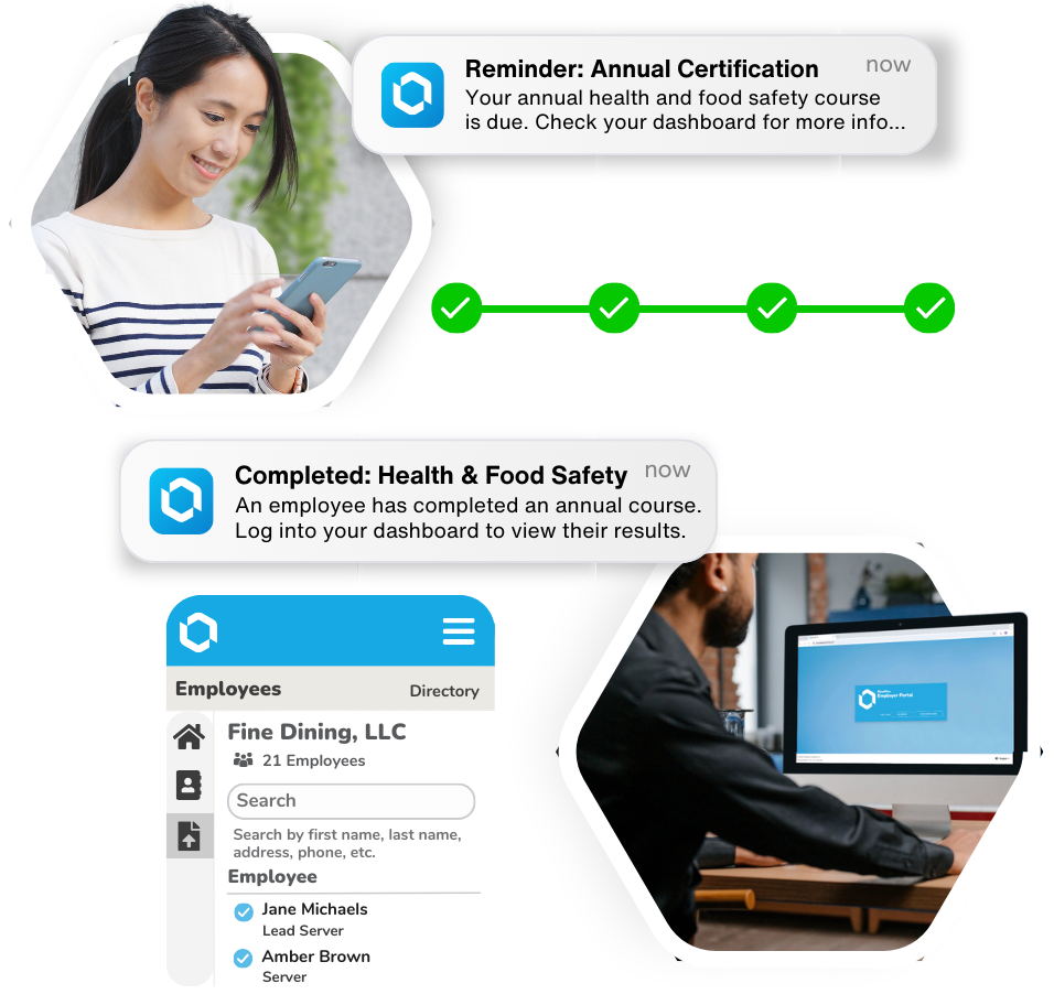 Employee receiving automated health and safety training reminders with BlueHive dashboard showing certification progress and staff directory