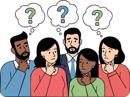 Illustration of diverse professionals looking confused with question marks overhead, representing decision fatigue around workplace health compliance.