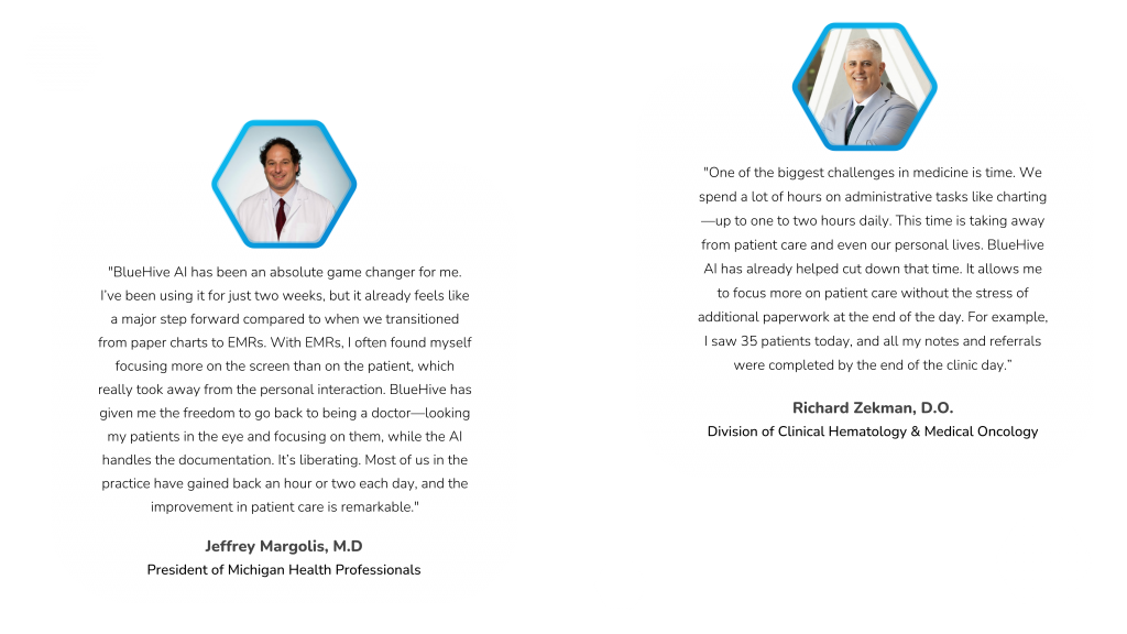 Testimonials from healthcare professionals praising the impact of BlueHive AI on practice efficiency and patient care