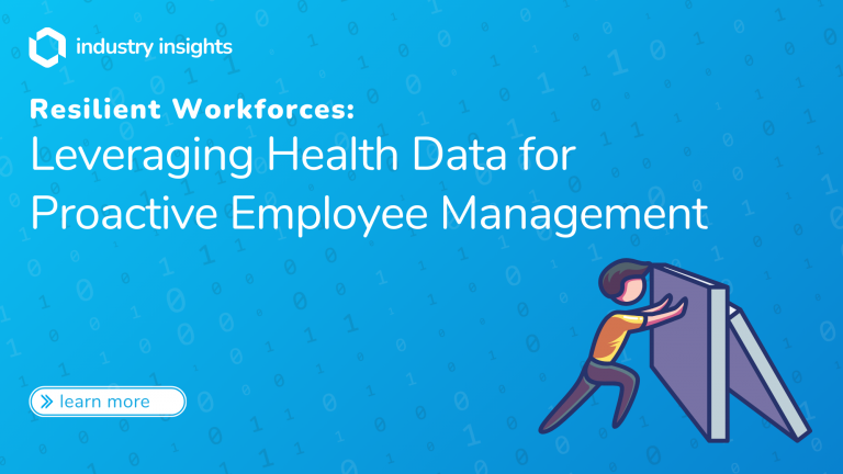 Illustration of a person pushing a block, symbolizing workforce resilience, with the title 'Resilient Workforces: Leveraging Health Data for Proactive Employee Management' on a blue background.