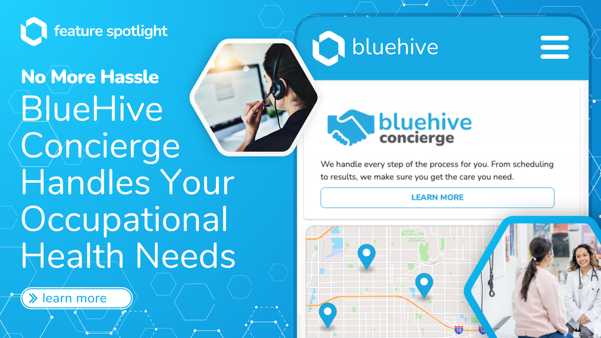 BlueHive Concierge feature spotlight showcasing seamless occupational health management with scheduling, provider coordination, and result tracking.