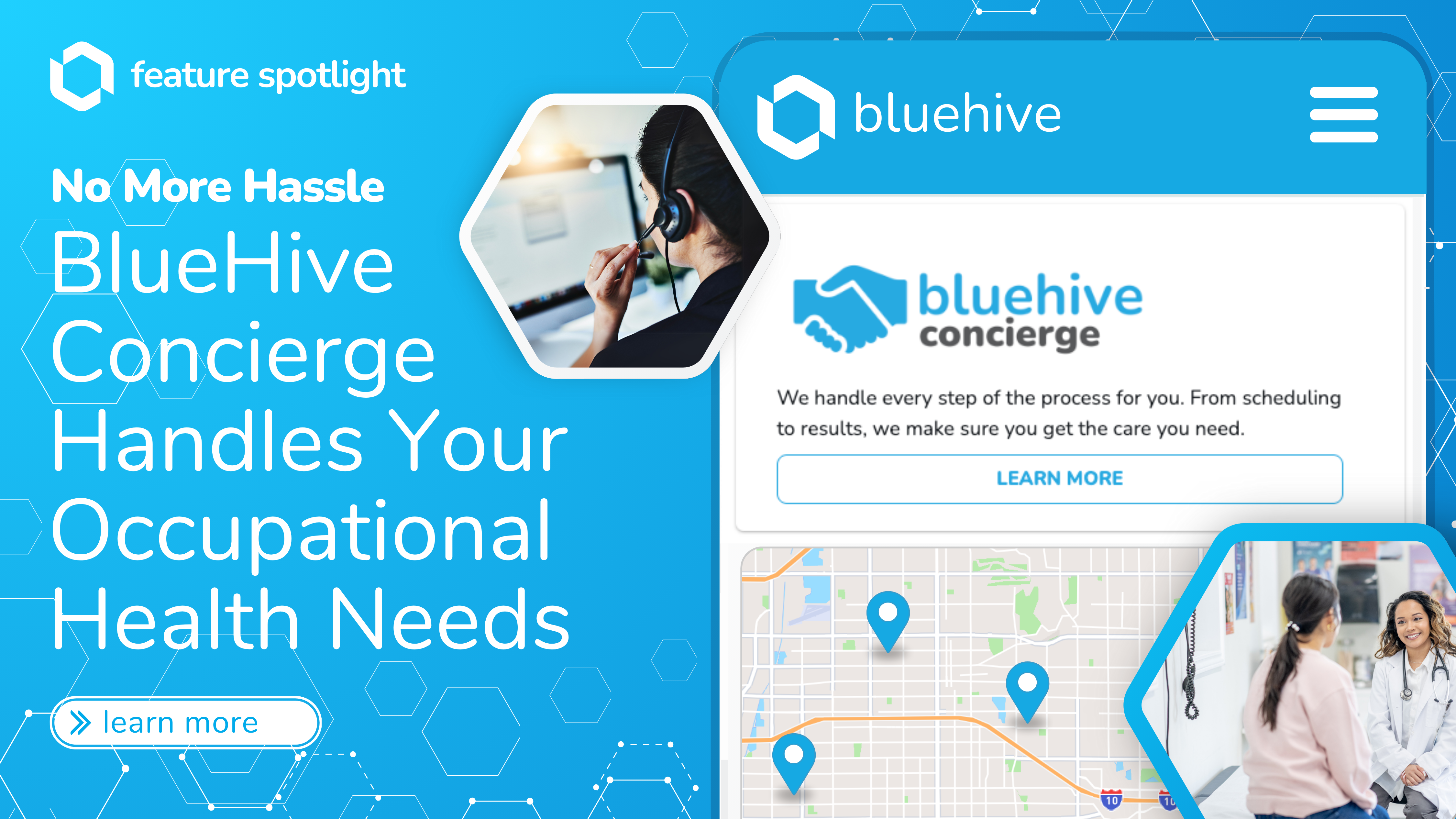 BlueHive Concierge feature spotlight showcasing seamless occupational health management with scheduling, provider coordination, and result tracking.