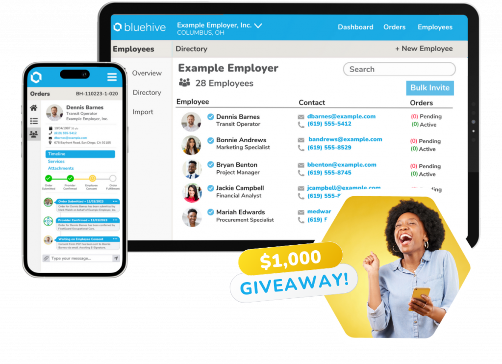 BlueHive platform displayed on a tablet and smartphone, showcasing an employee management interface, with a $1,000 giveaway promotion featuring a joyful woman holding a phone.