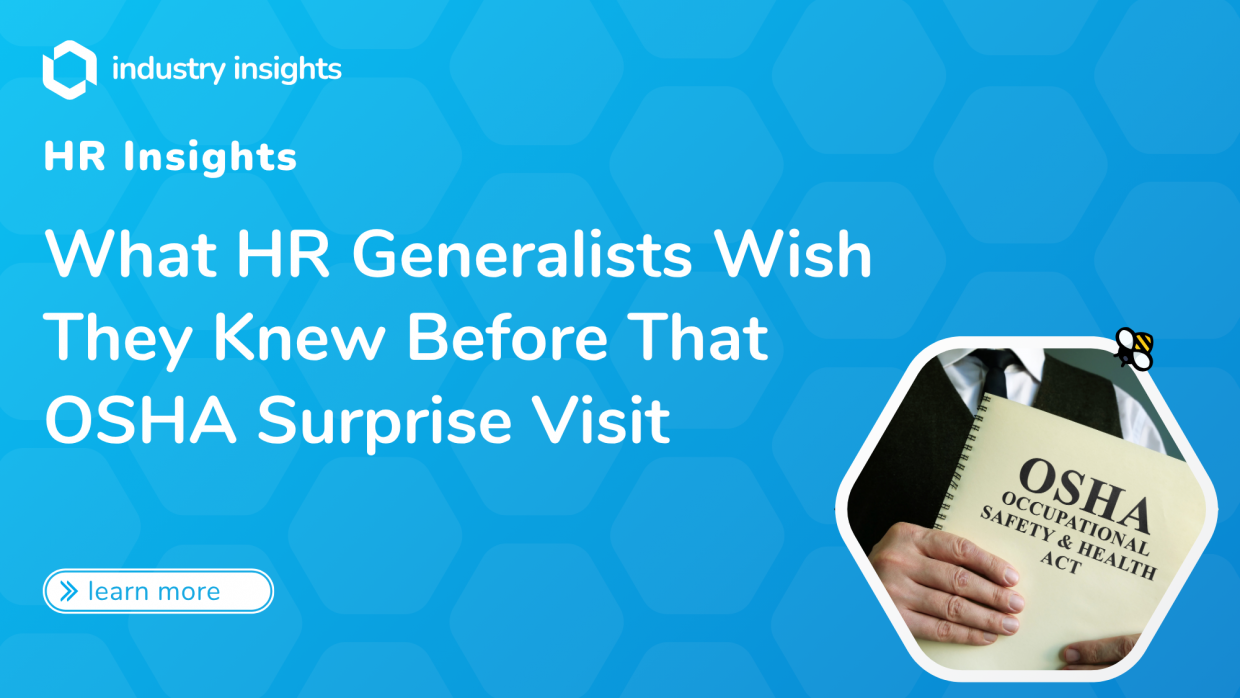 Graphic promoting HR insights on OSHA surprise inspections, featuring a person holding an Occupational Safety & Health Act manual.