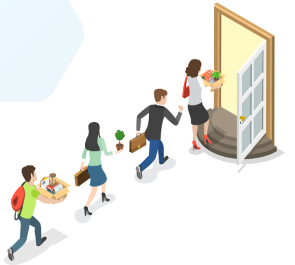 Illustration of new employees carrying personal items and paperwork as they line up to enter a workplace door, symbolizing onboarding.
