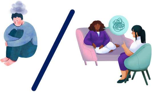 Illustration of a distressed person on one side and a calm counseling session on the other, representing mental health support and transformation.