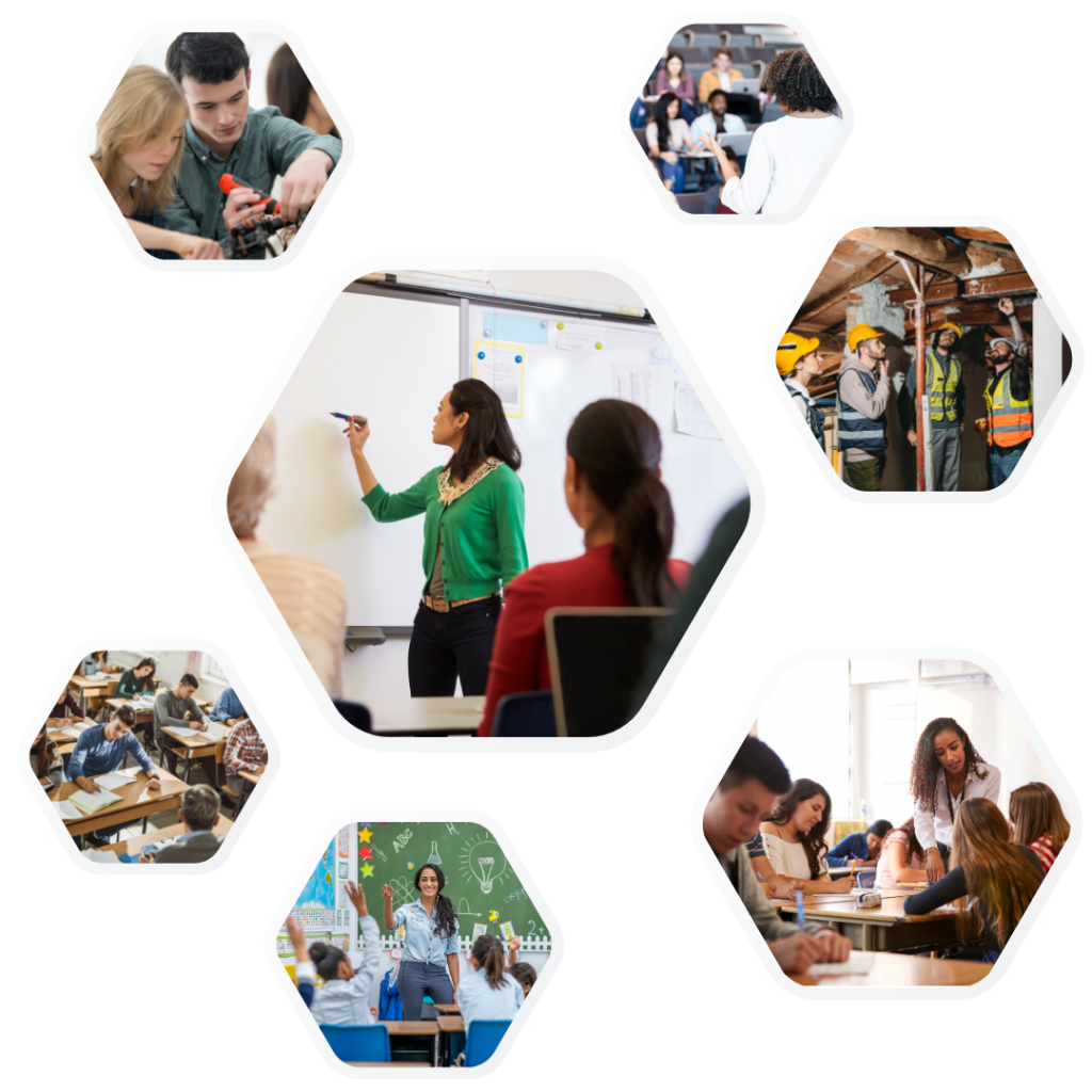 Collage of teachers, students, and workforce trainees engaged in classroom instruction, technical education, and workplace safety training.