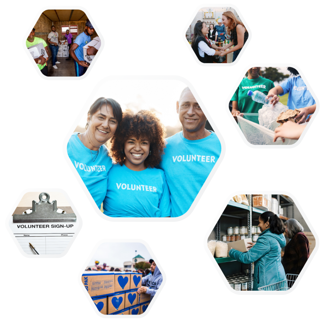 Collage of diverse volunteers distributing food, sorting donations, and signing up to support local community programs and food banks.