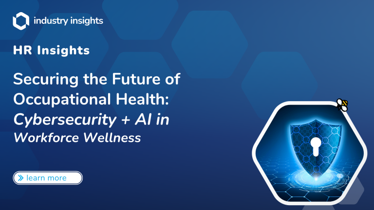 Illustration of a digital shield with a keyhole, symbolizing cybersecurity in AI-driven occupational health platforms; featured in a BlueHive HR Insights article on workforce wellness and data protection.