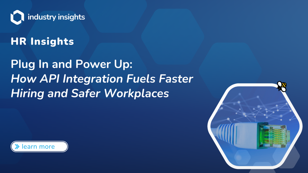 Graphic promoting BlueHive’s HR Insights on how API integration accelerates hiring processes and supports workplace safety, featuring a close-up of a network cable and digital connection nodes.