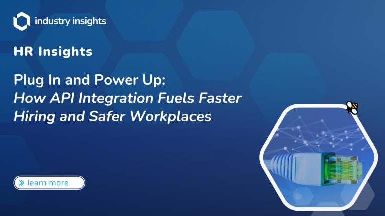 Graphic promoting BlueHive’s HR Insights on how API integration accelerates hiring processes and supports workplace safety, featuring a close-up of a network cable and digital connection nodes.