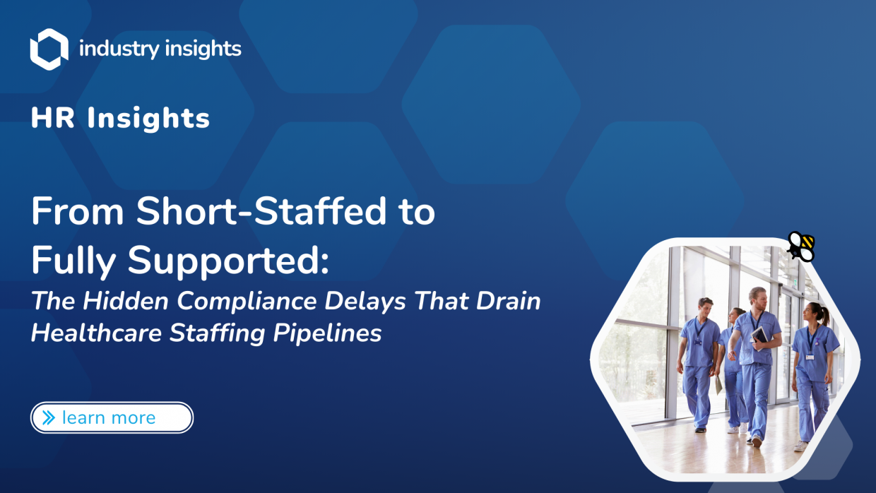 Group of healthcare professionals in scrubs walking through a medical facility hallway, illustrating the impact of compliance delays on clinical staffing pipelines.