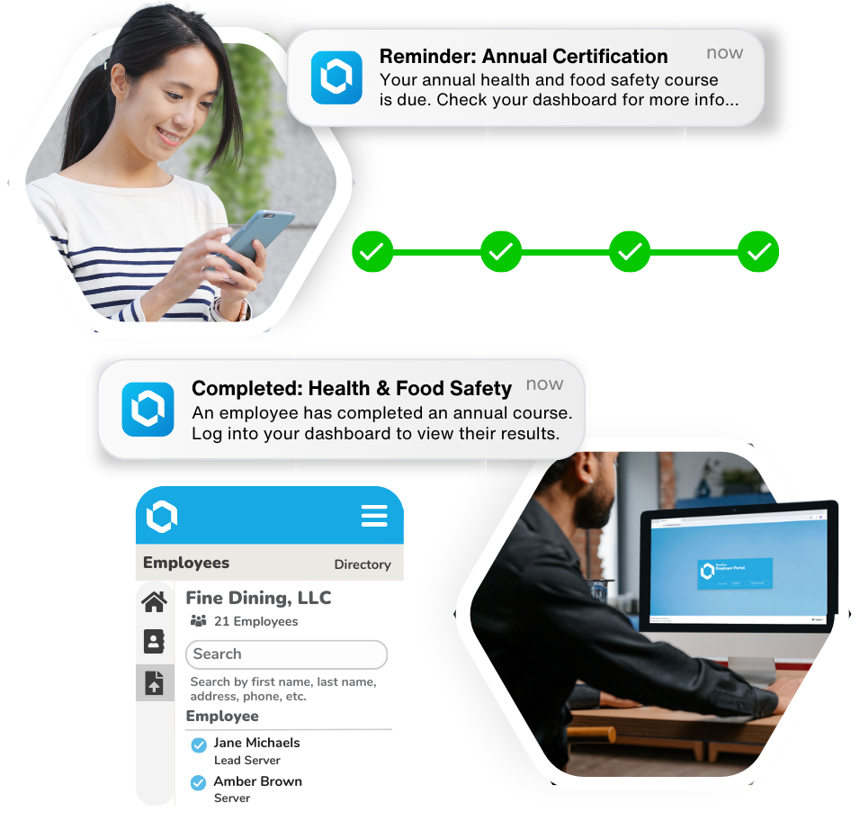 Employee receiving automated health and safety training reminders with BlueHive dashboard showing certification progress and staff directory
